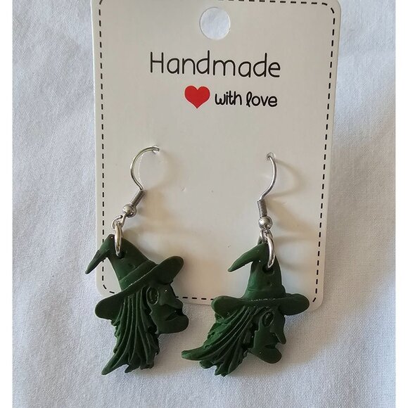 New Handmade Green Witch Head Dangle Earrings With Silver Hooks Halloween - Picture 2 of 2